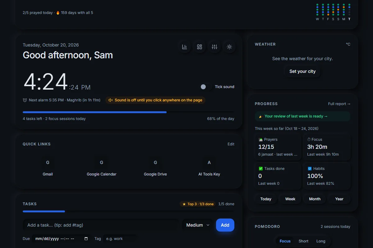 Uprise free productivity app dashboard with tasks, Pomodoro timer and habits