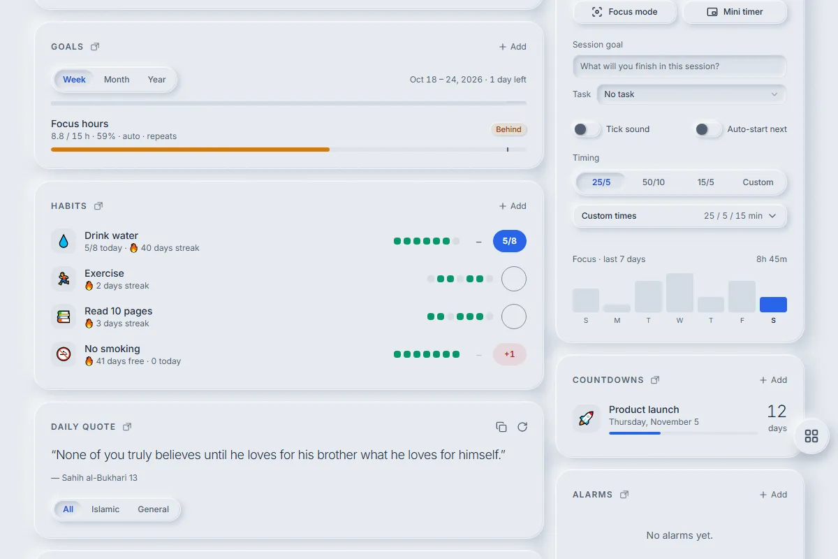Uprise habits with streaks and 7-day dots, and weekly goals with progress bars